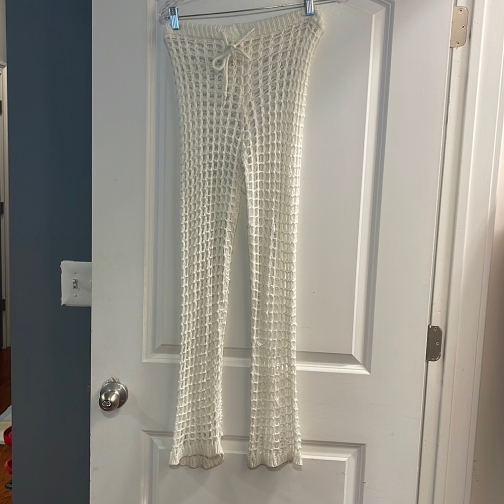 White knit see-through drawstring bathing suit cover-up pants